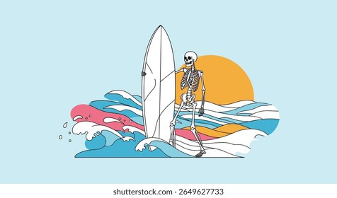 Skeleton surfer rides the waves under a setting sun a chill vibe for beach lovers