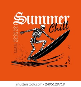 Surfista esqueleto montando una ola con el texto "Summer Chill".