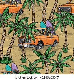 Skeleton surfer seamless pattern colorful vintage rides car on beach with palm trees with surfboards on sea waves vector illustration