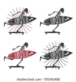 Skeleton Surfer. Set Logo. Born to Be. Vector illustration