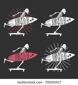 Skeleton Surfer. Set Logo. Born To Be. Vector Illustration