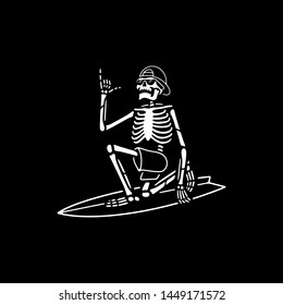 SKELETON SURFER WITH SHAKA HAND WHITE BLACK BACKGROUND