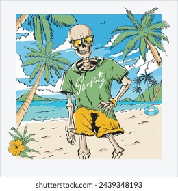 Skeleton surfer, standing on a palm beach posing wearing t-shirt and shorts.