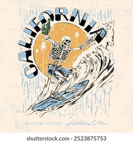 skeleton surfer surfing on big wave, Infront of sun and palm. With nice typography.