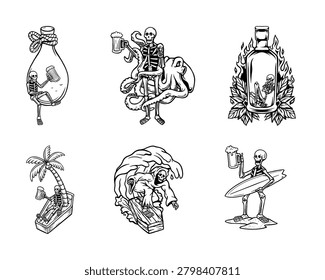 Skeleton Surfer Tropical Beach Vacation Vector Art, Funny Dead Man Drinking Beer Summer Holiday Sketch, Message in a Bottle Island Palm Tree Print, Gothic Vacation Tattoo Graphic Elements Pack