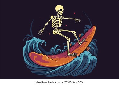 Skeleton Surfer Vector art, cosecha de estilo hawaiano