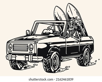 Skeleton surfer vintage emblem monochrome with flowing hair rides in open-top car on sand of sea beach vector illustration