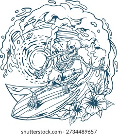 Skeleton Surfer Wave Line Art, T-Shirt mit tropischem Surfbrett, Vektorgrafik