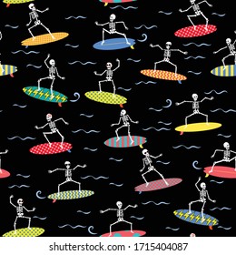 skeleton  surfers surfing seamless pattern.skeleton catching waves in the ocean illustration in vector.