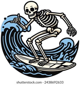 skeleton surfing with big waves, the design can be used for interesting vintage and retro t-shirts