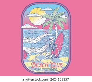 Skeleton with surfing board. Summer good vibes artwork for apparel. palm long beach illustration vector. Summer flower print. Los angels. Big wave. Beach palm tree. Skull surfing club artwork.