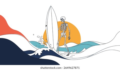 Skeleton surfing on ocean waves under a setting sun graphic design featuring abstract shapes and water splashes
