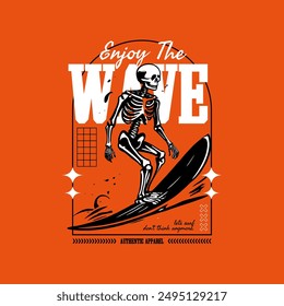 Skeleton surfing on a wave with "Enjoy The Wave" text.