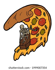 Skeleton surfing pizza slice  wave on a coffin isolated beach sports vector illustration.