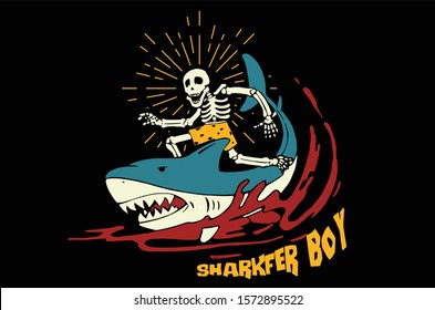 skeleton surfing  with shark on sea