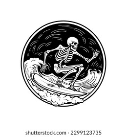 Skeleton surfing at the summer hand drawn vector illustration isolated on white background.