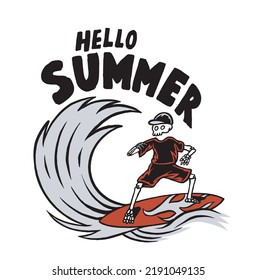 Skeleton surfing the wave of summer for apparel, shirt vector illustration