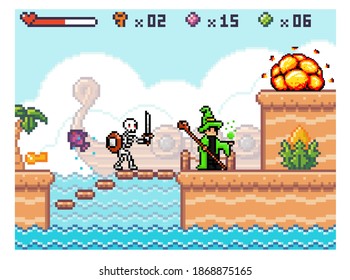 Skeleton with a sword attacks the wizard. Angry character fighting hero. Man in costume works with magic. The witch in the game collects coins. Way through deep. Old 8-bit mobile game of 80s