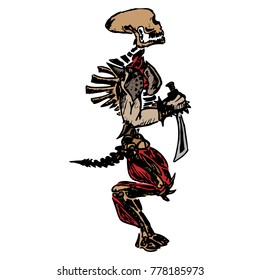 A skeleton with a sword. Sketch of an unusual skeleton. Extruded skull. Vector illustration.
