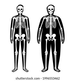 Skeleton system human bones concept. X ray with overweight and normal male silhouette. Skull, arms, legs, knee and foot. Ribs and hand joints. Obese man body anatomical isolated vector illustration.