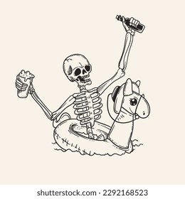 Skeleton taking a drink. Vector outline illustration of skeleton taking a drink