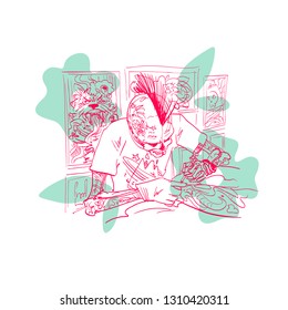 Skeleton tattoo artist. Fashion illustration. T-shirt design. Placard, banner, advertising, poster template card. Hand drawn vector art. 