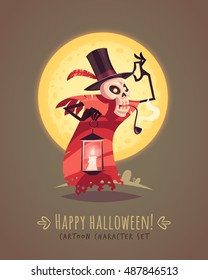 Skeleton in a top hat with candle lamp. Halloween cartoon character concept. Vector illustration.