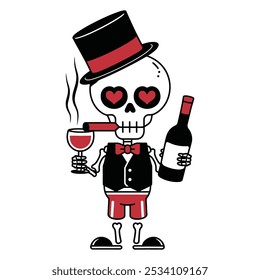 Skeleton with top hat, wine bottle, and cigar vector illustration	