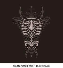 Skeleton torso poster. Stylish, hand drawn vector illustration in engraving technique of ribcage, spine and hipbones with sacred geometry on dark background. Occult poster, t-shirt print, cover.