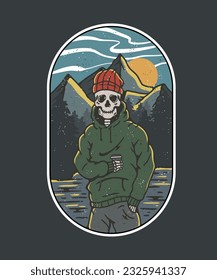 skeleton travels to the mountain and gets lost. Vector premium illustration