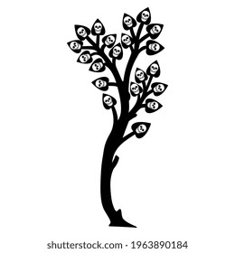 Skeleton tree. Branch with leaves covered with human skulls. Black and white silhouette. Creative art.