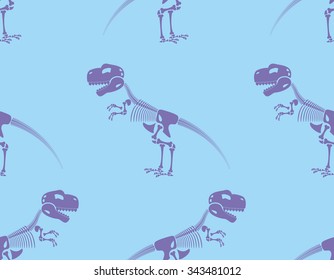 Skeleton t-Rex seamless pattern. Purple Cute bone Tyrannosaurus Rex on blue background. Ancient animals texture.
