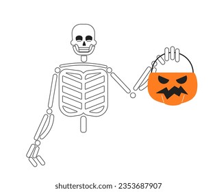 Skeleton trick-or-treating monochromatic flat vector character. Grinning skull holding pumpkin basket. Editable thin line half body person on white. Simple bw cartoon spot image for web graphic design