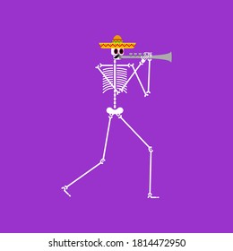 Skeleton and trumpet. Dead man with musical instrument. Dead music band. Skull in sombrero. Day of dead in mexico.
