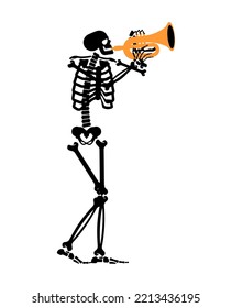 Skeleton with trumpet. Skeleton musician. bugle and dead. Vector illustration