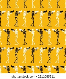 Skeleton with trumpet Pattern seamless . Skeleton musician Background. bugle and dead ornament. Vector illustration