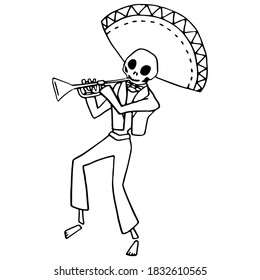 Skeleton trumpet player on white isolated backdrop. Day of the dead symbol for invitation or gift card, notebook, bath tile, scrapbook Phone case or cloth print Doodle style stock vector illustration