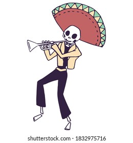 Skeleton trumpet player on white isolated backdrop. Day of the dead symbol for invitation or gift card, notebook, bath tile, scrapbook Phone case or cloth print Doodle style stock vector illustration