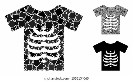 Skeleton T-shirt composition of abrupt pieces in different sizes and color hues, based on skeleton T-shirt icon. Vector ragged pieces are combined into collage.