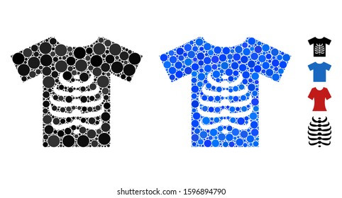 Skeleton T-shirt mosaic of filled circles in variable sizes and shades, based on skeleton T-shirt icon. Vector filled circles are united into blue mosaic.