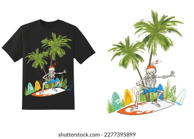 The Skeleton T-Shirt. Surfing Tshirt. Surfboard Skull T-Shirt the skeleton vector Skull illustration With Coconut Tree Palm tree And surfboard, Surfing.