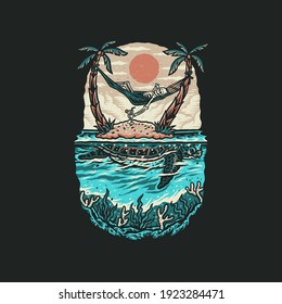 Skeleton and turtle summer beach t shirt graphic design, hand drawn line style with digital color, vector illustration