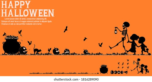 A skeleton and  two children is going to the haunted house  on the Halloween night.There are 2 unique layers , black and white on orange background.
