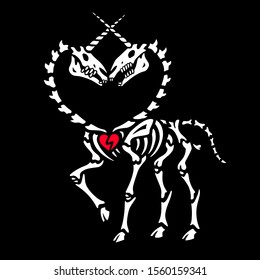 The skeleton of a two-headed unicorn. The necks of a unicorn form a heart shape. Unusual greeting card for valentines day or halloween. Fantastic beasts. Great for t-shirt, tattoo and more.