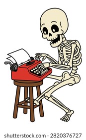 Skeleton typing, vintage typewriter, character, funny, illustration, spooky, writing.