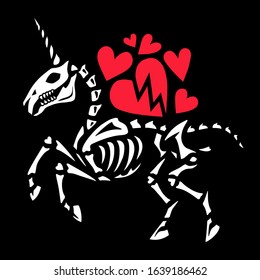 The skeleton of a unicorn carries Valentine's hearts on its back. Gothic princess style illustration. Greeting card for Valentine's Day. Also great for Halloween.