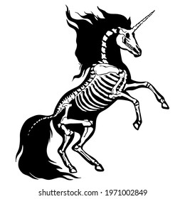 Skeleton of a unicorn on a white background. Great for t-shirts, tattoos, and more. Perfect for Halloween and Day of the Dead decoration.