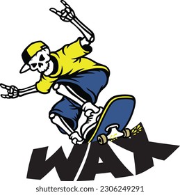 a Skeleton using Skateboard Wax to  do a "Frontside Crooked Grind" on a ledge of word "Wax"