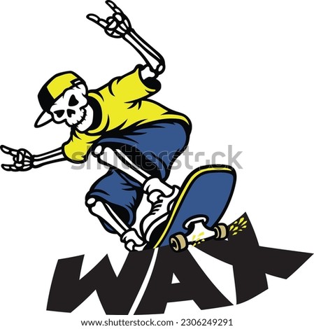 a Skeleton using Skateboard Wax to  do a "Frontside Crooked Grind" on a ledge of word "Wax"