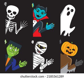 Skelett, Vampire, Zombie, Mummy Geist und Kürbis schauen und winken. Halloween, Vektorgrafik.